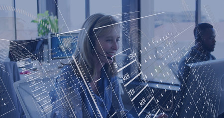 Female trader wearing navy blazer analyzing AR financial charts on trading floor, with monitors....