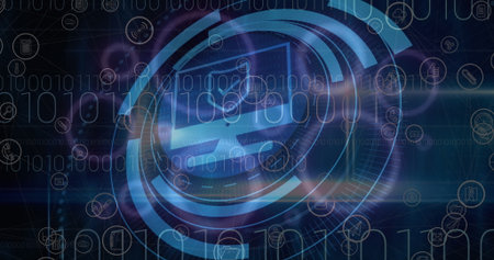 Image of computer icon and data processing over media icons. Global business and digital interface concept digitally generated image.の写真素材