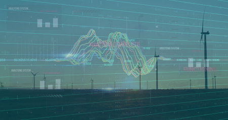 Displaying wind turbine spinning on open plain at sunrise, with digital UI overlays, copy space. Renewable energy, technology, futuristic, sustainability, climate, ecological, innovationの写真素材
