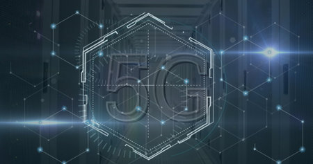 Showcasing large translucent hexagon frame with 5G text and network nodes in data center corridor....