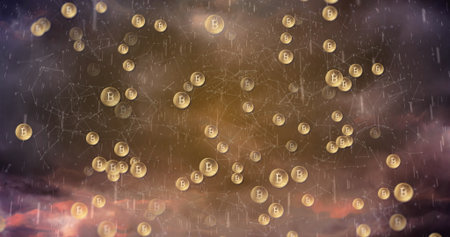 Floating golden bitcoin coins connecting with glowing network nodes in stormy sky with rain streaks. Cryptocurrency, digital, futuristic, technology, innovation, finance, abstractの写真素材