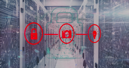 Featuring digital padlock overlay linking red icons among server racks within data center corridor....