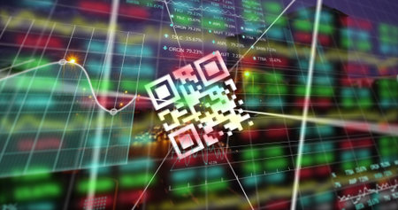Floating QR code icon hovering center on dashboard, with stock tickers, line graph and grid overlay....