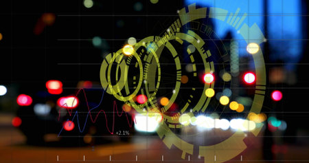 Displaying yellow circular HUD overlaying taillights on urban street at night, with +2.1% red chart....
