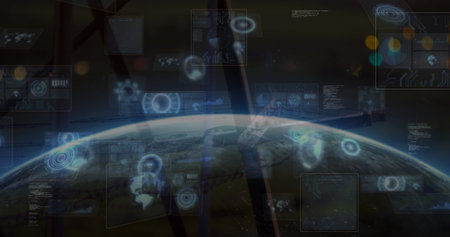 Displaying Earth horizon through station window, with holographic UI charts and structural beams. Outer space, astronomy, futurism, technology, innovation, digital interface, scienceの写真素材