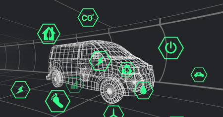Displaying wireframe van model sliding through digital tunnel, with floating green hexagon icons. Futuristic, digital, eco-friendly, innovative, technology, sustainability, virtualの写真素材