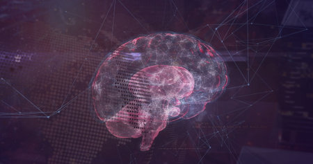 Floating holographic brain model showing glowing pathways and nodes in virtual scene with world map....