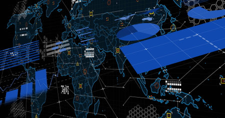 Showing futuristic world map presenting 3D data visuals in analytics interface, with neon panels....