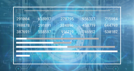 Displaying translucent panel showing numeric bar charts in server room with circular overlay....