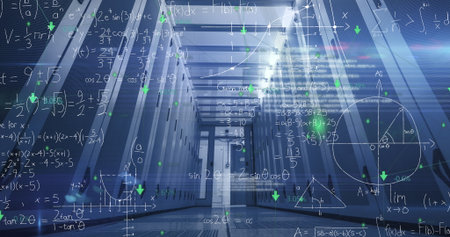 Displaying server racks in data center corridor, with holographic equations and LED indicators....