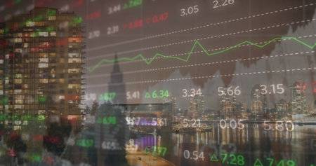 Displaying transparent market graph overlaying night waterfront skyline, showing trading tickers. Urban, skyline, night, reflection, architecture, metropolis, cityscapeの写真素材