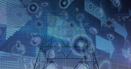 Displaying steel lattice tower showing holographic graphics at network interface with map overlays....