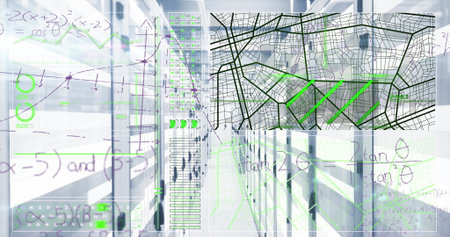 Displaying data center corridor with network topology map showing green paths and formula overlays....