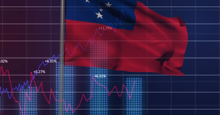 Waving Samoa flag over stock chart showing bar charts, line graphs and grid lines. Patriotism, finance, data visualization, digital analytics, market trends, corporate, technologyの写真素材