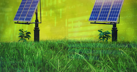 Showing two solar panels tilting toward sun in grass field, with sprouting plants and chart overlay. Sustainability, renewable, ecofriendly, technology, innovation, environment, financialの写真素材