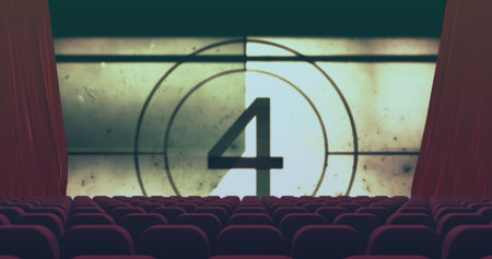 Displaying vintage countdown number 4 on projection screen in theater, with red curtains and seats. Theater, vintage, cinematic, auditorium, stage, projection, audienceの写真素材