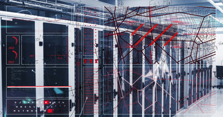 Central server cabinets standing in data center, with LED lights and digital overlay schematics....