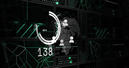 Displaying dashboard showing circle progress ring, world map with user icons, stock limit 138. Futuristic, technology, analytics, digital, interface, virtual, high-techの写真素材