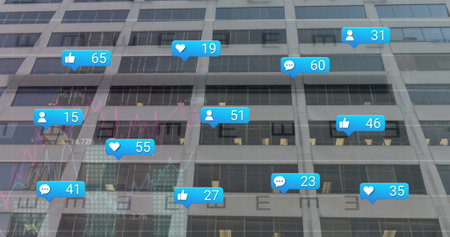 Showing floating social media notification icons and analyzing data on office windows, urban view. Technology, analytics, digital, urban, modern, communication, data visualizationの写真素材
