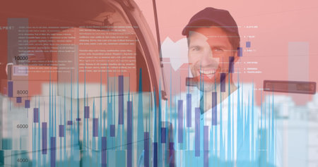 Smiling man wearing navy cap beside cargo van door in parking lot with financial chart overlay. Driver, logistics, transportation, analytics, business, industry, transportの写真素材