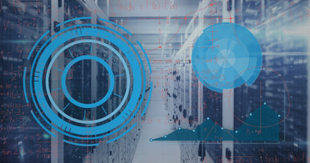 Displaying server racks in data center corridor with patch cables, raised floor and digital overlay....