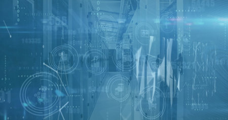 Illuminating corridor flanked by server cabinets glowing with LEDs in data center, with overlays. Technology, cybersecurity, data, infrastructure, connectivity, digital, futuristicの写真素材