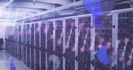 Showing server racks with LED lights in data center aisle, with pipes, chair and digital overlay....