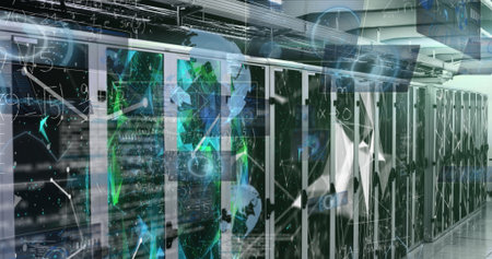 Projecting holographic nodes above server cabinets inside data center aisle, with blinking LEDs....