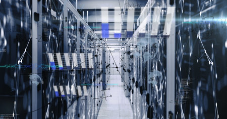Illuminating corridor between server cabinets in data center, showing LED lights and data overlays. Technology, data, cybersecurity, automation, networking, modern, professionalの写真素材
