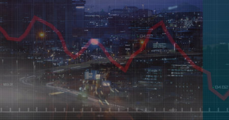 Displaying red line graph rising and falling across night skyline with lit towers and light trails....