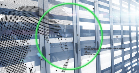 Highlighting rack unit housing servers and switches in data center aisle, with green overlay....