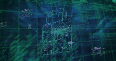 Showing stylized circuit-board padlock icon floating in digital interface, with green code streams....