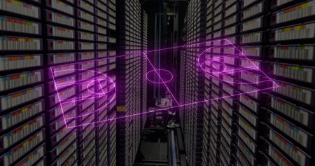 Projecting purple holographic soccer pitch across archive aisle, with cartridges and retrieval unit. Futuristic, technology, data, robotics, innovation, digital, sleekの写真素材