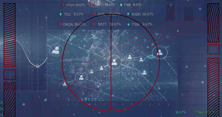 Targeting red reticle crosshair highlighting network node cluster on dashboard, with bar chart....