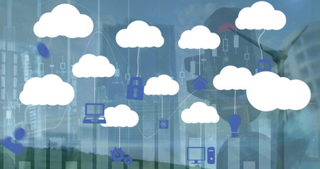 Floating cloud cluster linked to blue tech icons on hill with wind turbine, financial charts....