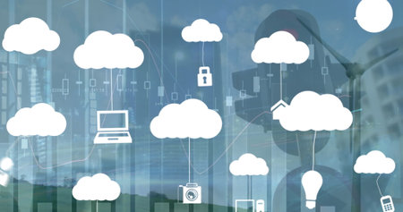 Showing cloud cluster linking padlock icon over green field beside office building, with charts....