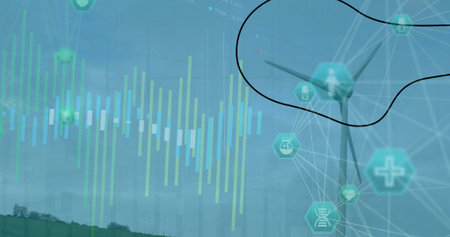 Wind turbine standing on rural hill with bar charts, network lines, hexagon icons, copy space....