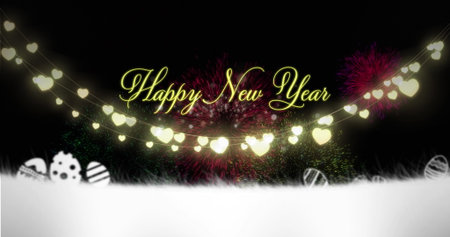 Gold Happy New Year text shining in snowy nighttime scene, with fireworks and heart-shaped lights....