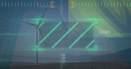 Showing wind turbine rising on plain, neon grid overlay, corner markers, numeric 1789, copy space....