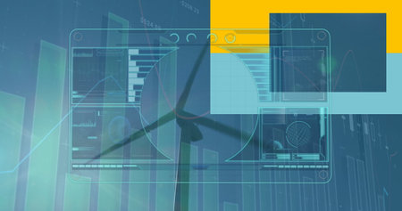Translucent dashboard showing charts over wind turbine blade in data interface, with colored blocks....