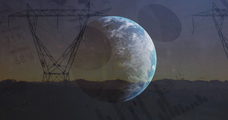 Hovering Earth sphere over mountain ridge at twilight, with transmission towers and data overlays....