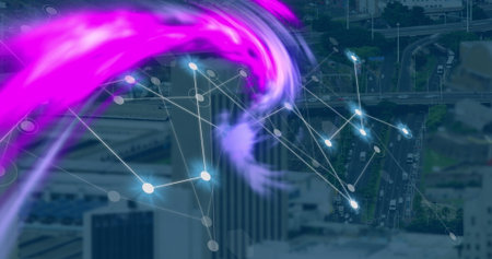 Swirling digital network and magenta energy wave over aerial highways, with glowing nodes and lines....