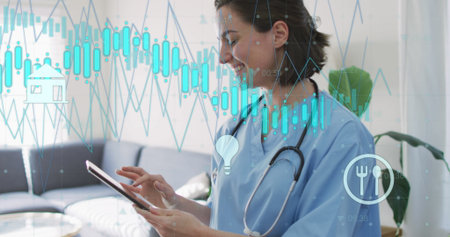 Nurse in blue scrubs with stethoscope tapping tablet in lounge, with data overlays, copy space....