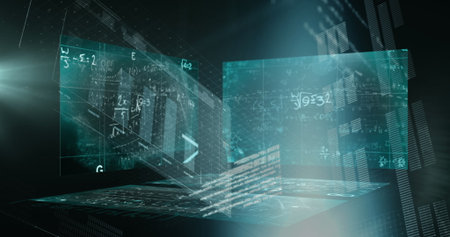 Holographic interface displaying floating screens in virtual data space, with equations and code. Virtual reality, data visualization, immersive, cyber, digital environment, innovation, abstractの写真素材