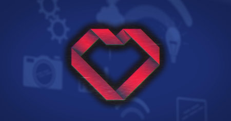 Displaying red heart emblem floating on blue canvas, with gear camera bulb wireless signal icons. Technology, innovation, digital, connectivity, futuristic, abstract, corporateの写真素材
