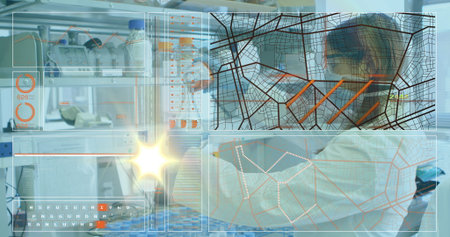 Operating Indian scientist in lab coat and gloves using pipette at lab bench, copy space....
