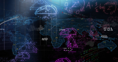 Displaying holographic world map projection in control interface, with math diagrams and data....