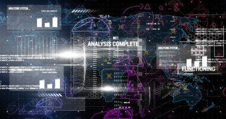 Displaying interface projecting world map with cascading data streams on futuristic control console. Futuristic, technology, interface, analytics, digital, holographic, dataの写真素材