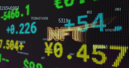 Displaying 3D gold NFT text over digital ticker board, with dot-matrix data and currency symbols. Financial, technology, digital, futuristic, data, currency, marketの写真素材