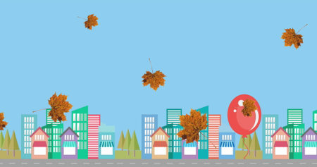Drifting red helium balloon floating among maple leaves above pastel house-lined street, copy space. Urban, illustration, pastel, modern, nature, scenic, seasonalの写真素材